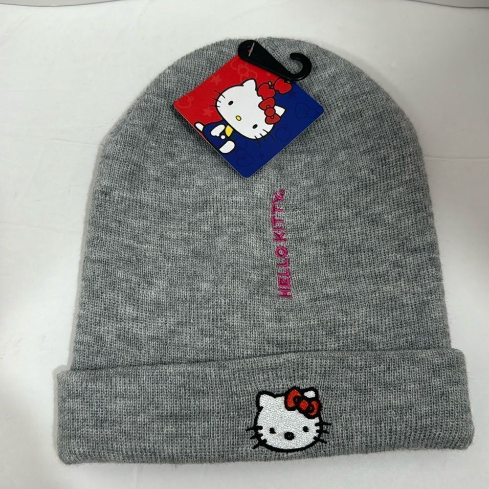Hello Kitty Sanrio Gray Pink Knit Embroidered Beanie Hat Cap